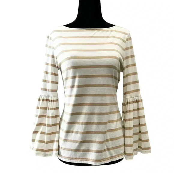 Banana Republic Bell Sleeve Top Supima Cotton Stripes White & Tan Size  XS - Picture 1 of 15